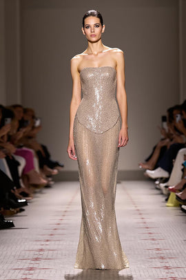 Sparkly Champagne Strapless Backless Long Sequin Evening Dress