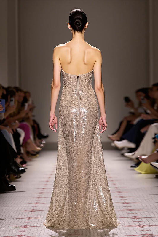 Sparkly Champagne Strapless Backless Long Sequin Evening Dress