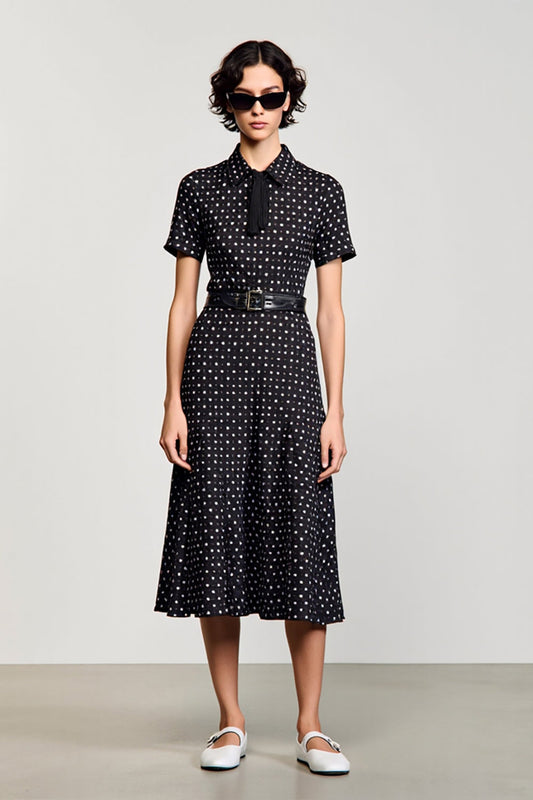 Black Polo Collar A Line Polka Dot Dress with Sleeves