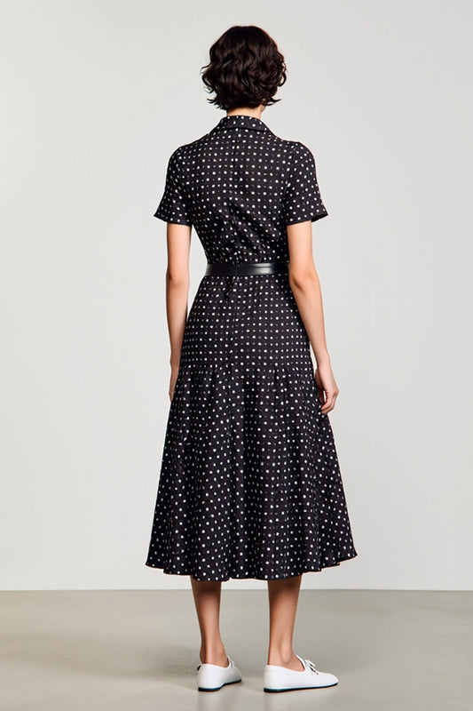 Black Polo Collar A Line Polka Dot Dress with Sleeves