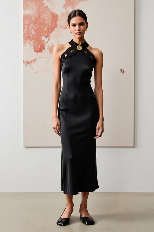 Black Halter Long Wedding Guest Dress with Lace