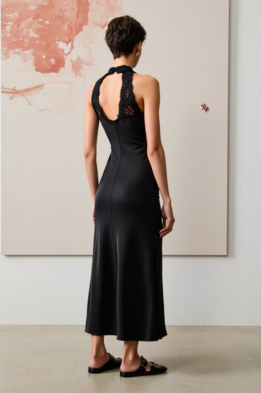Black Halter Long Wedding Guest Dress with Lace