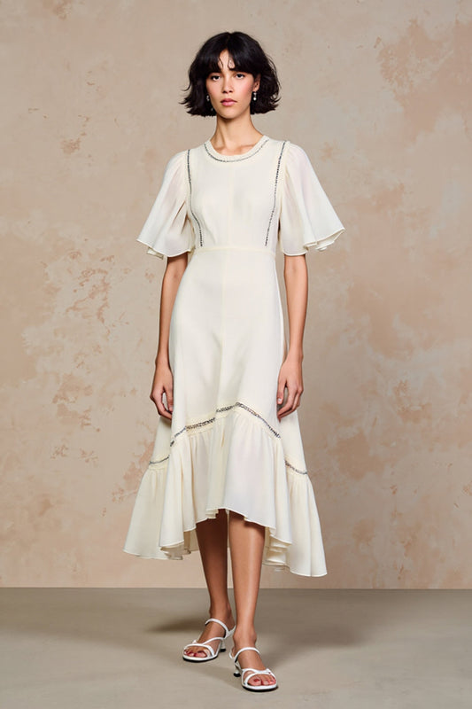 Ivory A Line Chiffon Midi Wedding Guest Dress with Sleeves