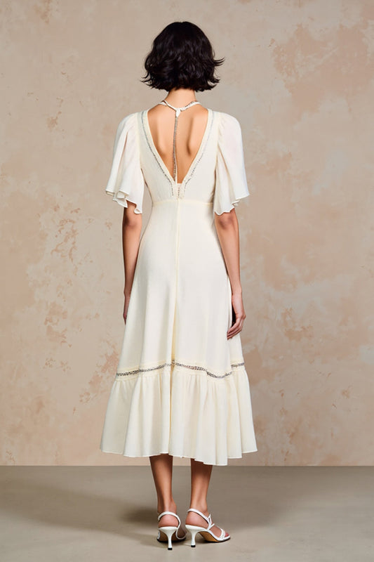 Ivory A Line Chiffon Midi Wedding Guest Dress with Sleeves