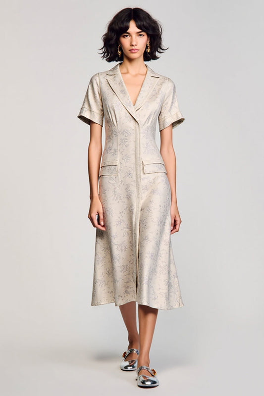 Apricot Notched Lapel A Line Wedding Guest Dress with Sleeves