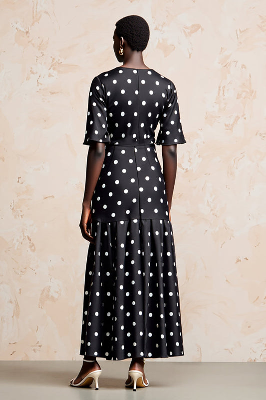 Black A Line Scoop Neck Short Sleeve Polka Dot Dress