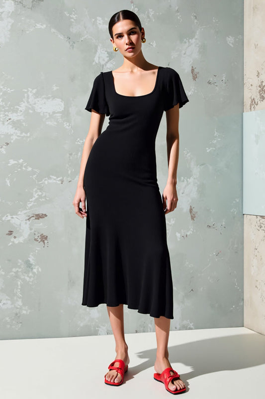 Black Square Neck A Line Midi Wedding Guest Dress