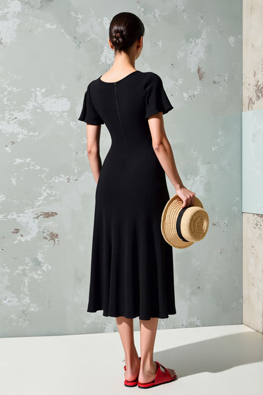 Black Square Neck A Line Midi Wedding Guest Dress