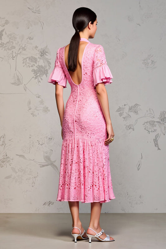 Pink Lace Lapel Ruffled Wedding Guest Dress with Sleeves