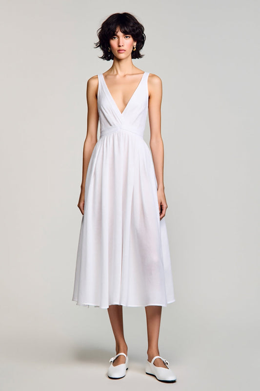 White V-Neck A Line Midi Wedding Guest Dress