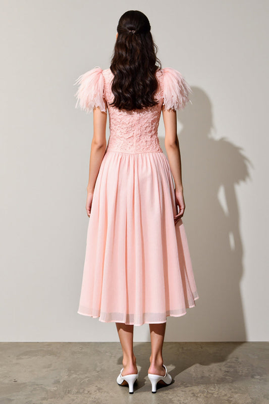 Pink A Line Wedding Guest Dress with Feathers
