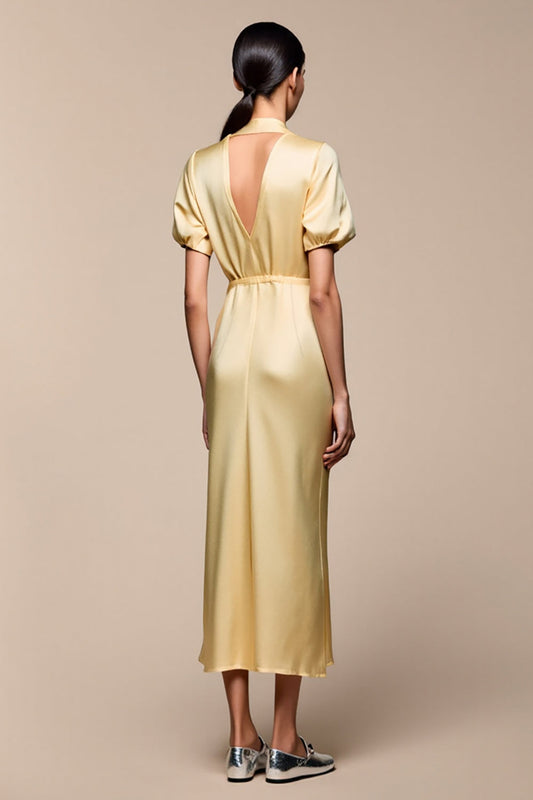 Yellow Shawl Lapel Sheath Wedding Guest Dress with Sleeves