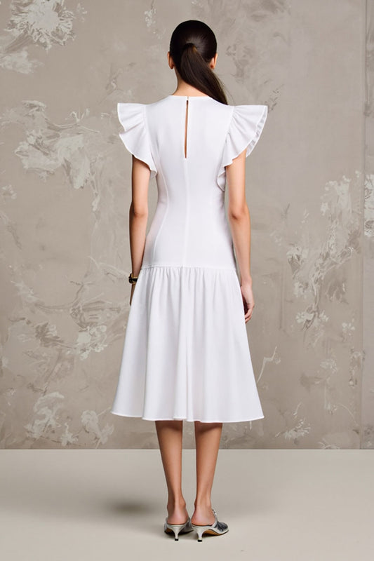White A Line Flutter Sleeve Wedding Guest Dress