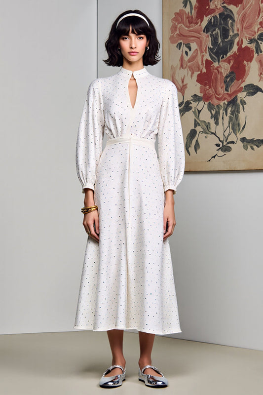 White A Line Polka Dot Long Wedding Guest Dress with Sleeves