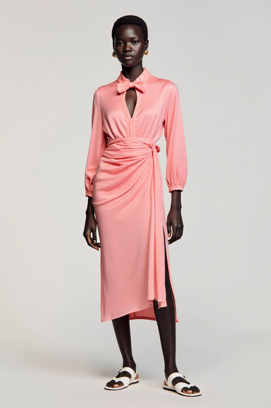Pink Satin Ruched Long Sleeves Wedding Guest Dress with Bow