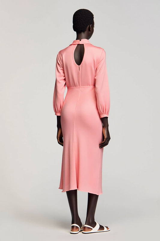 Pink Satin Ruched Long Sleeves Wedding Guest Dress with Bow