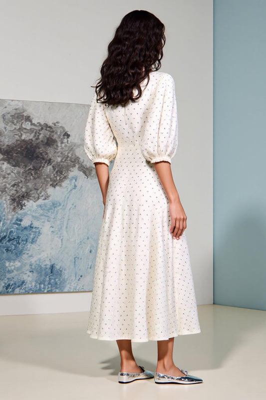 Ivory A Line V-Neck Long Wedding Guest Dress with Sleeves
