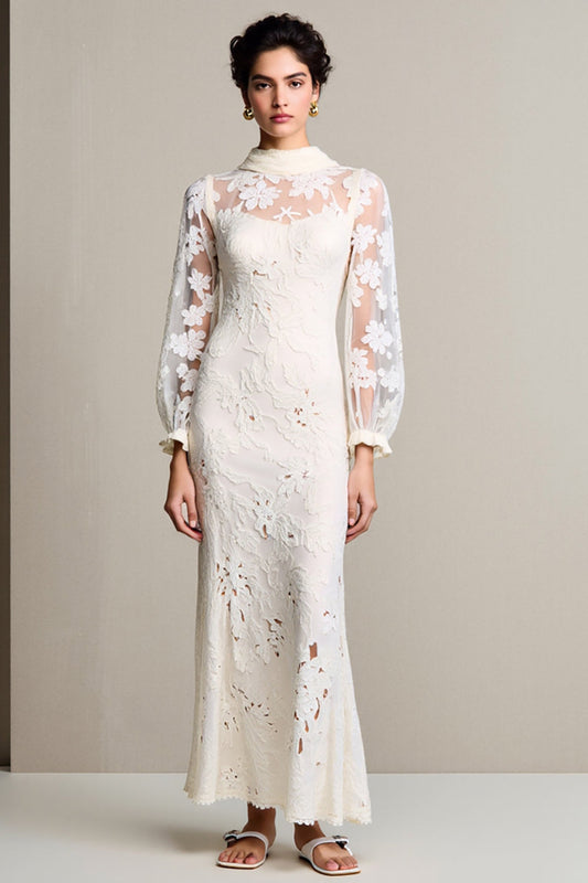 Lace Ivory Sheath Long Wedding Guest Dress with Sleeves