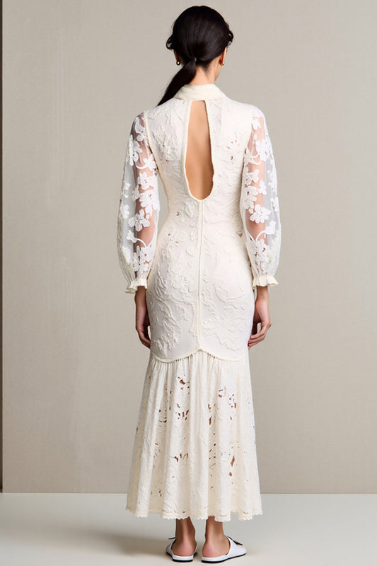 Lace Ivory Sheath Long Wedding Guest Dress with Sleeves