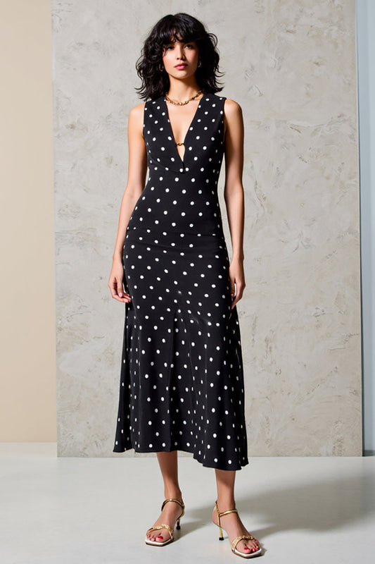 Polka Dot Black V-Neck Chiffon Long Wedding Guest Dress