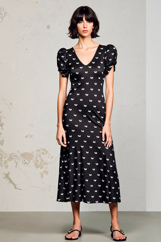 Black Satin V-Neck Long Wedding Guest Dress with Sleeves