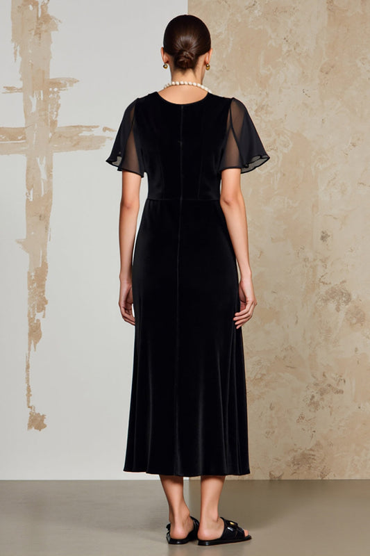 Black A Line Long Wedding Guest Dress with Sleeves