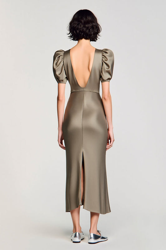 Olive Satin Puff Sleeves Long Wedding Guest Dress