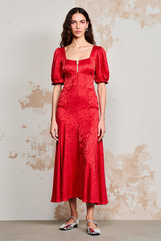 Red Satin Square Neck Long Wedding Guest Dress