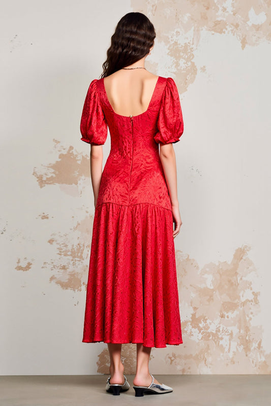 Red Satin Square Neck Long Wedding Guest Dress