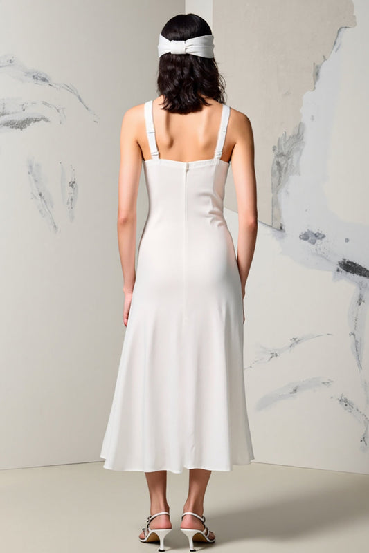 Ivory V-Neck Ruched Weding Guest Dress with Slit