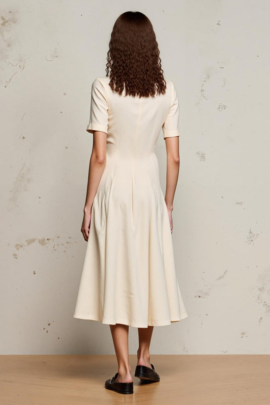 Ivory A Line V-Neck Midi Wedding Guest Dress with Sleeves