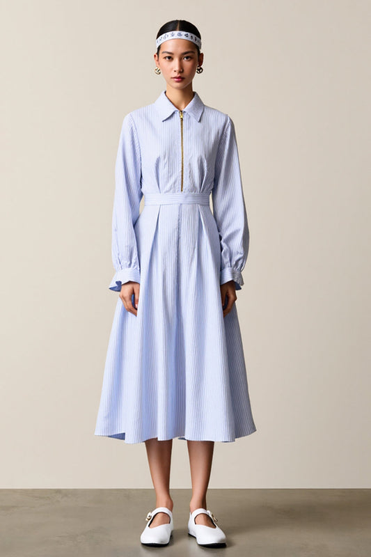 Blue A Line Striped Midi Wedding Guest Dress