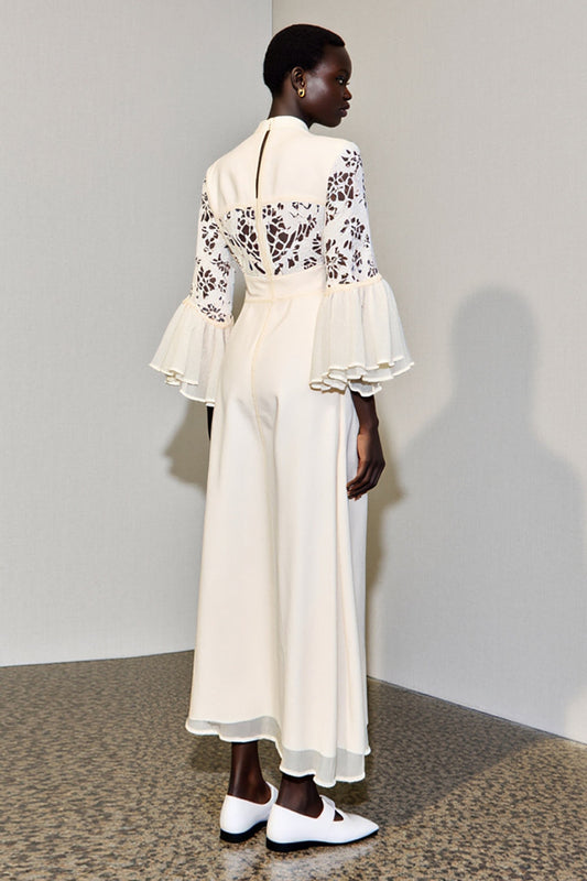 Ivory A Line Long Wedding Guest Dress with Lace