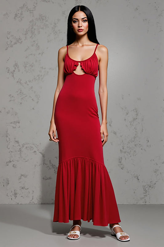 Red Satin Sheath Scoop Long Wedding Guest Dress