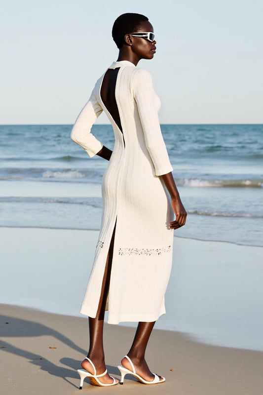 Sheath Ivory Keyhole Midi Wedding Guest Dress with Sleeves