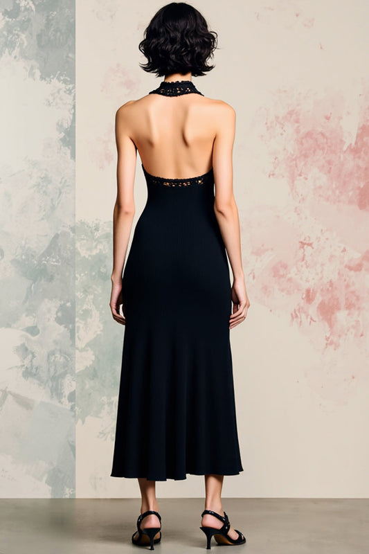Black Halter Satin Backless Midi Wedding Guest Dress with Slit