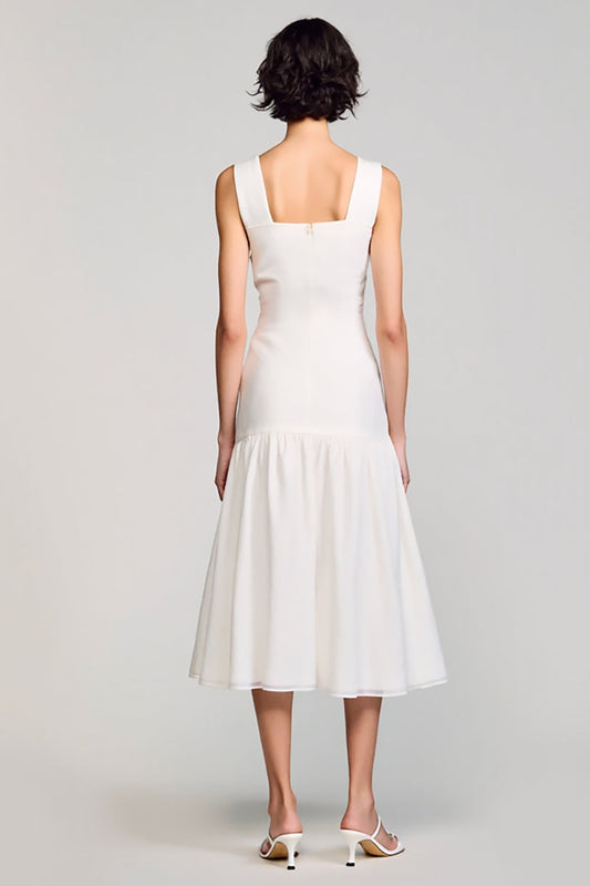 Simple White A Line Square Neck Midi Graduation Dress