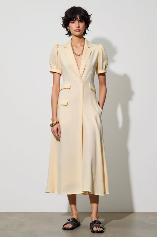 Ivory Shawl Lapel Midi Pocket Work Dress with Puff Sleeves