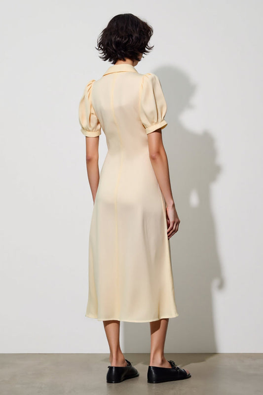 Ivory Shawl Lapel Midi Pocket Work Dress with Puff Sleeves