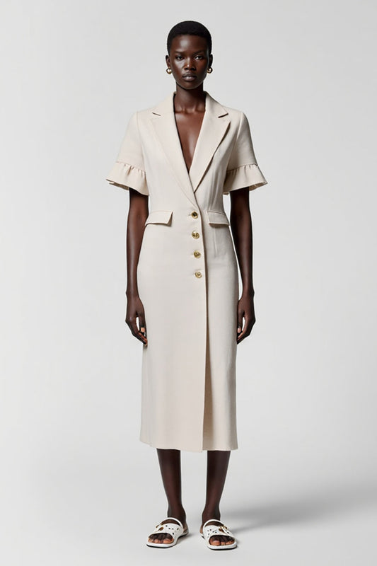 Grey Satin Shawl Lapel Sheath Midi Work Dress with Pockets