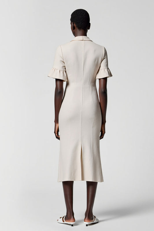 Grey Satin Shawl Lapel Sheath Midi Work Dress with Pockets