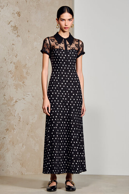 Black Sheath Long Polka Dot Dress with Short Sleeves