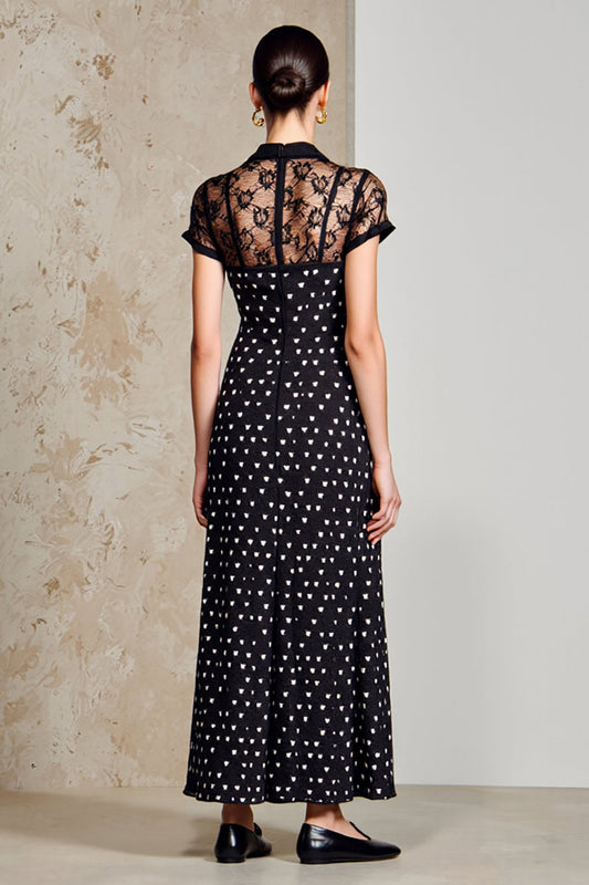 Black Sheath Long Polka Dot Dress with Short Sleeves