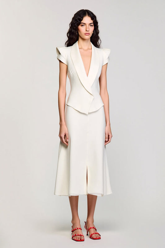 Ivory Shawl Lapel 2 Piece Midi Business Suits with Cap Sleeves