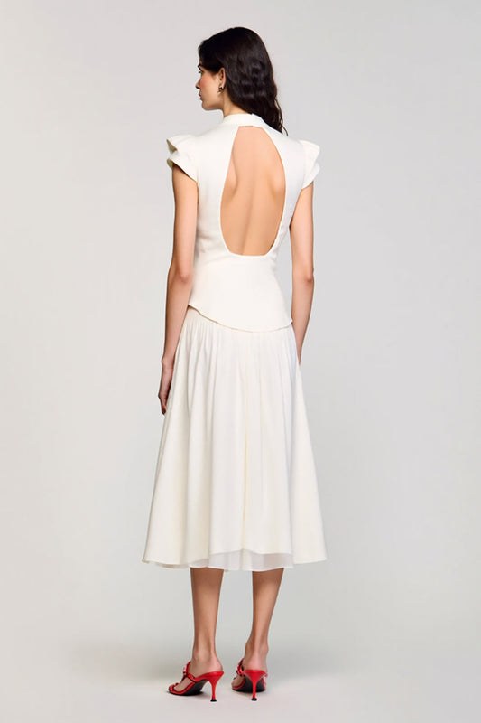 Ivory Shawl Lapel 2 Piece Midi Business Suits with Cap Sleeves