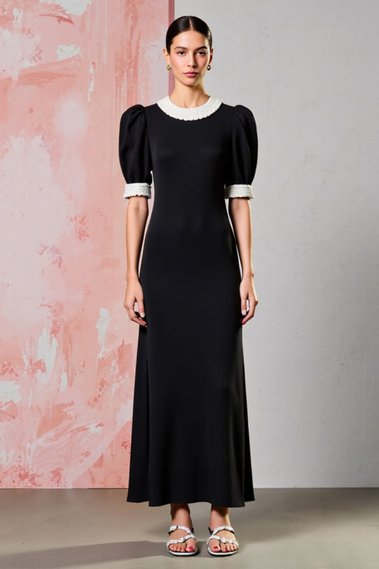 Black Round Neck Sheath Long Formal Dress with Short Sleeves