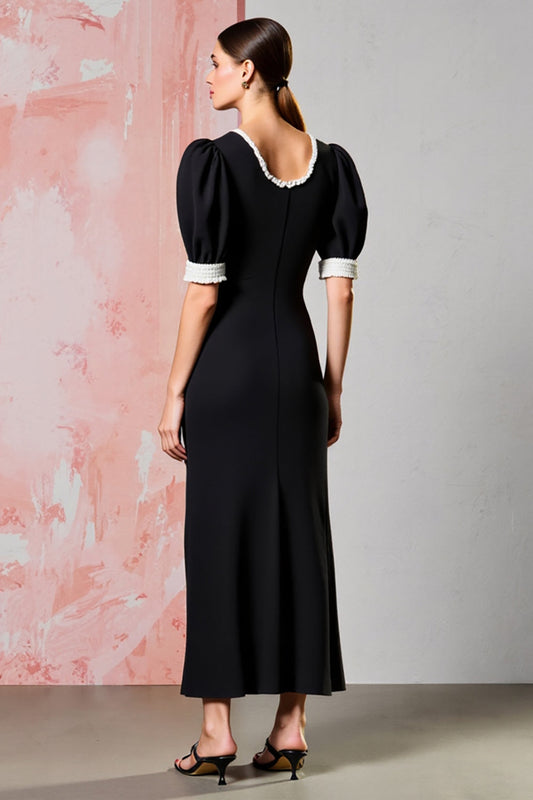 Black Round Neck Sheath Long Formal Dress with Short Sleeves