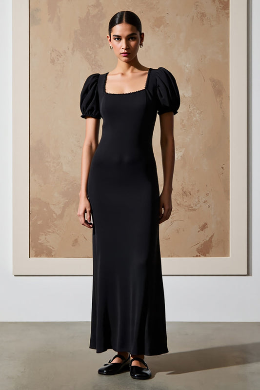 Black Square Neck Sheath Long Formal Dress with Puff Sleeves