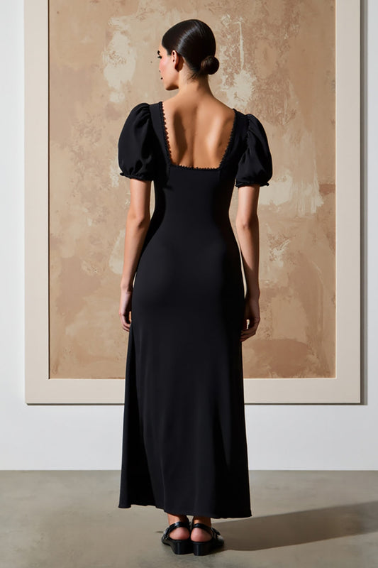 Black Square Neck Sheath Long Formal Dress with Puff Sleeves