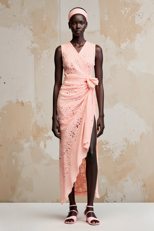 Pink Lace V-Neck Ruched Long Summer Dress with Slit